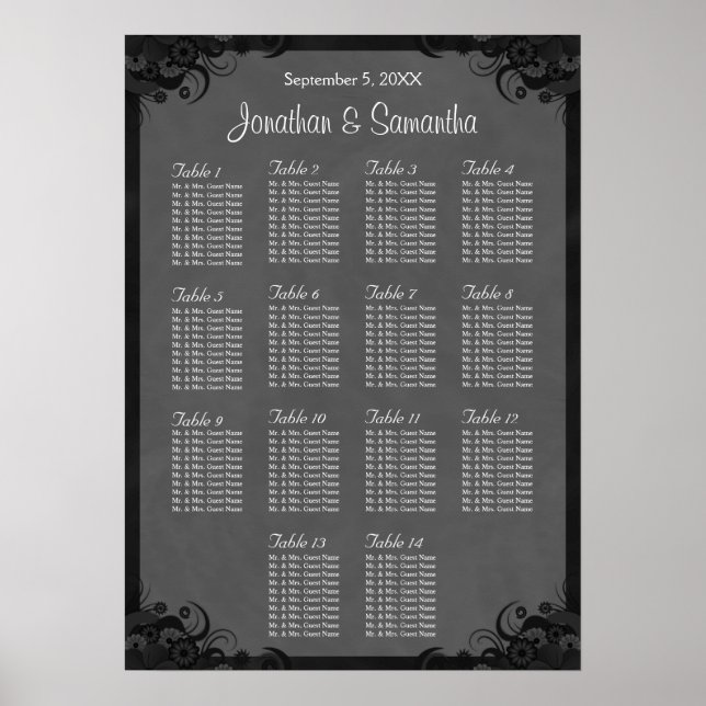 Black and Grey Goth 14 Wedding Table Seating Chart (Front)