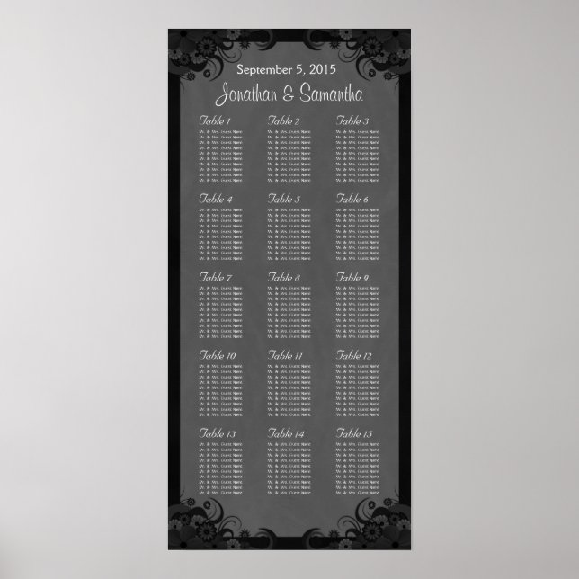 Black and Grey Goth Wedding 15 Table Seating Chart (Front)