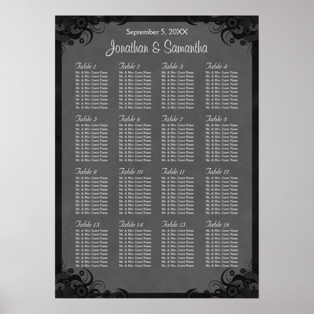 Black and Grey Goth Wedding 16 Table Seating Chart (Front)