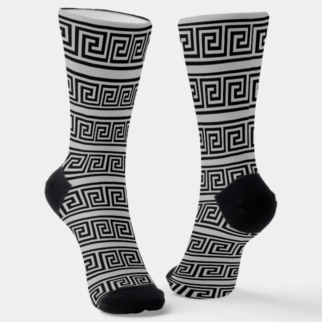 Black and Grey Greek Pattern Crew Socks (Angled)