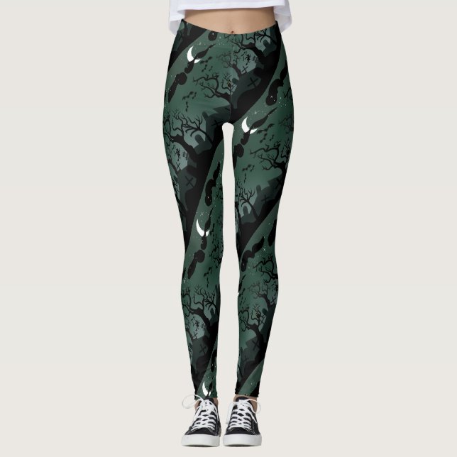 Black and grey Halloween graveyard scenery Leggings (Front)
