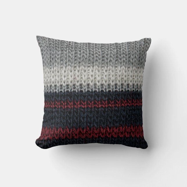 Black and grey knitting wool with red and white st cushion (Front)