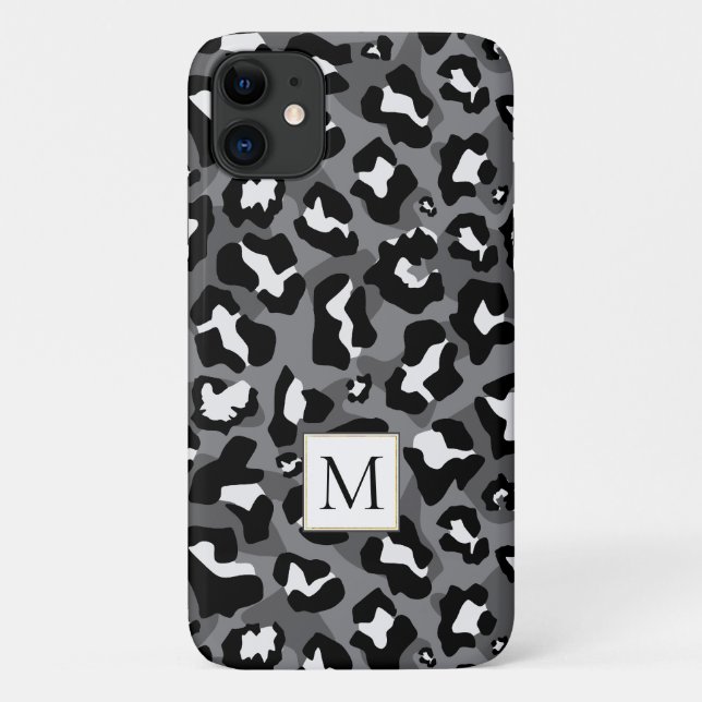 Black and grey leopard animal print and monogram Case-Mate iPhone case (Back)