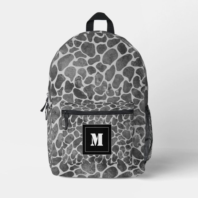 Black and Grey Leopard Print Pattern Monogram  Printed Backpack (Front)