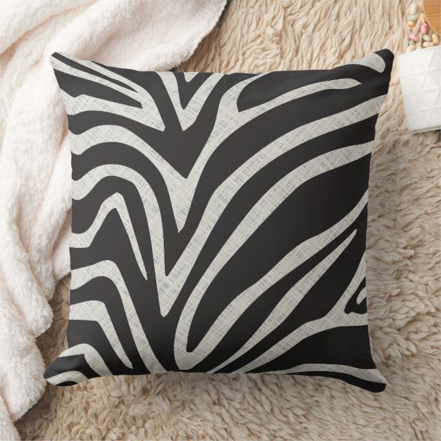 Black and Grey Linen Texture Print Zebra Stripe Cushion (Blanket)