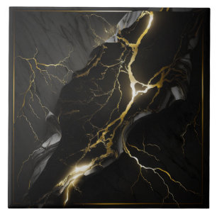 Black and Grey Marble with Bright Gold Veins Ceramic Tile
