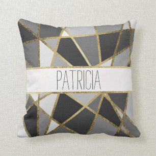 Black and Grey Modern Geo Gold Triangles Monogram Cushion