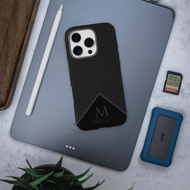 Black and Grey Modern Geometric Wavy Curved Lines Case-Mate iPhone Case (Creator Uploaded)