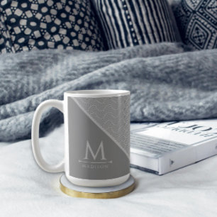 Black and Grey Modern Geometric Wavy Curved Lines Coffee Mug