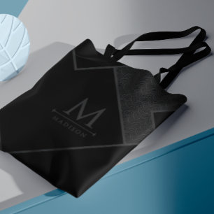 Black and Grey Modern Geometric Wavy Curved Lines Tote Bag