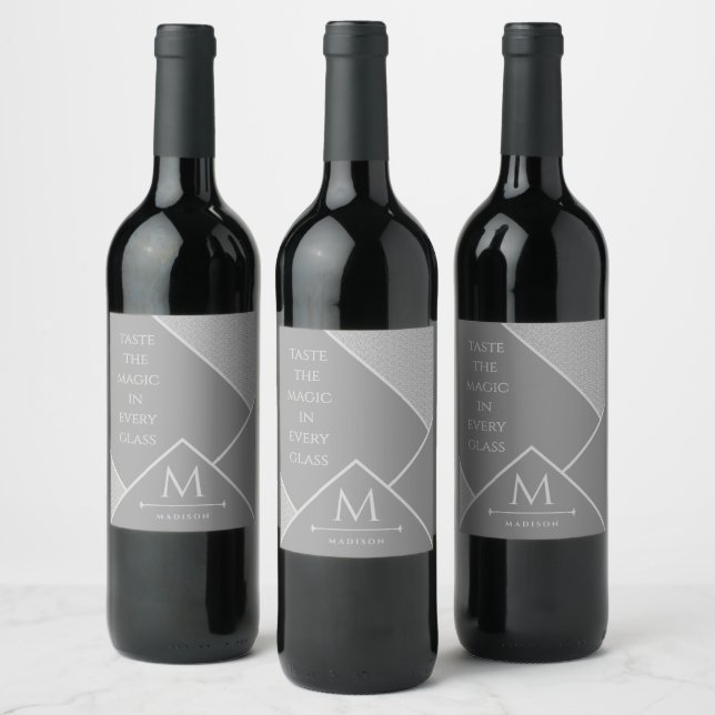Black and Grey Modern Geometric Wavy Curved Lines Wine Label (Bottles)
