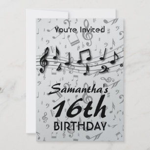 Black and Grey  Music Notes  Birthday Party Invitation
