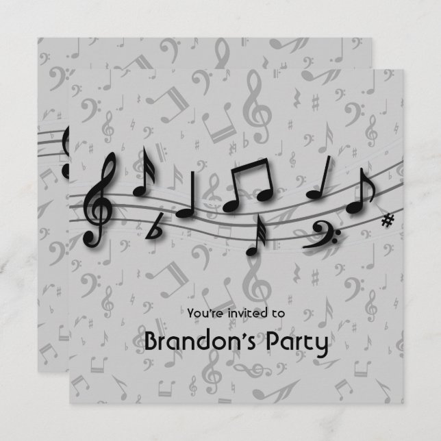Black and Grey Music Notes Party Invitation (Front/Back)