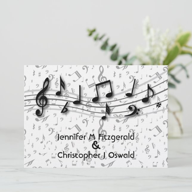 Black and Grey  Musical Notes Wedding Invitation (Standing Front)