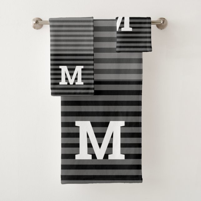 Black and Grey Ombre Striped Monogrammed Bath Towel Set (Insitu)