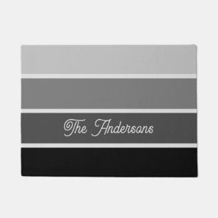 Black and Grey Ombre Stripes with Script Doormat
