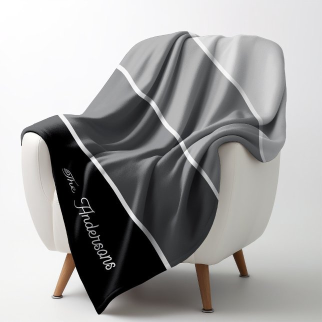 Black and Grey | Ombre Stripes with Script Fleece Blanket (A modern, stylish blanket with neutral black and gray stripes and a spot for your name)