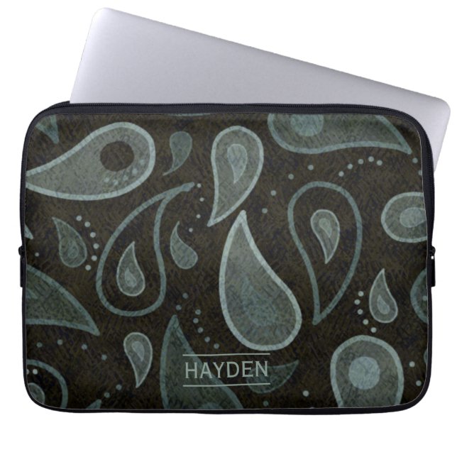 Black and Grey Paisley Pattern Personalised Laptop Sleeve (Front)