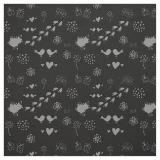 black and grey pattern of birds, dots, footsteps,  fabric