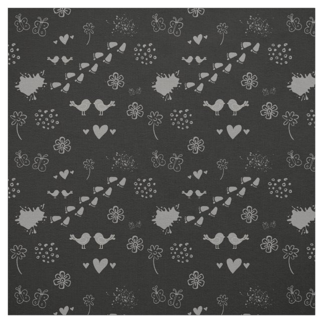 black and grey pattern of birds, dots, footsteps,  fabric (Swatch)