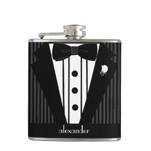 Black and Grey Pin Stripe Tuxedo-Wedding Hip Flask