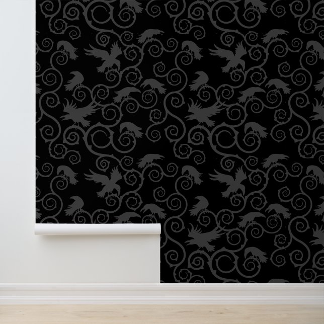 Black and Grey Raven Gothic Romantic Fairytale Wallpaper (Application)