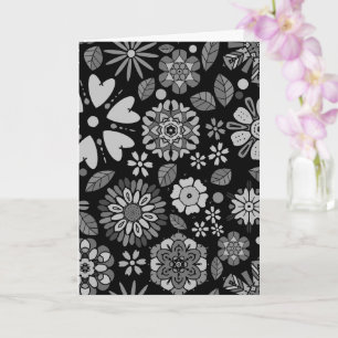 Black And Grey Retro Floral Art Seamless Pattern Card