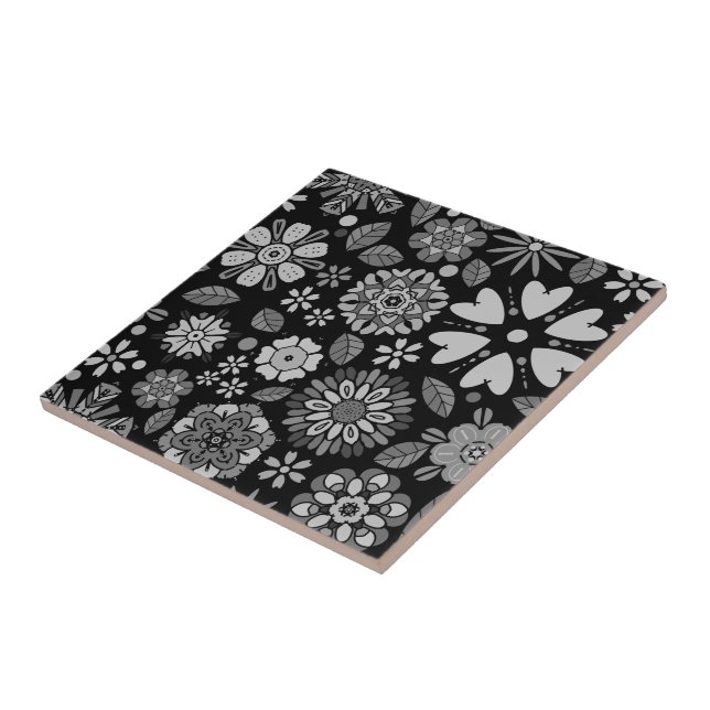 Black And Grey Retro Floral Art Seamless Pattern Ceramic Tile (Side)