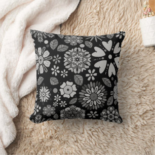 Black And Grey Retro Floral Art Seamless Pattern Cushion