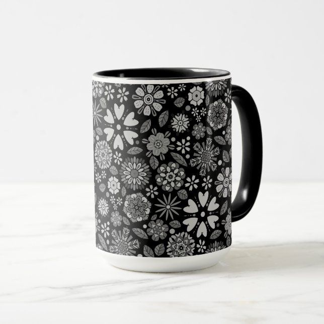 Black And Grey Retro Floral Art Seamless Pattern  Mug (Front Right)