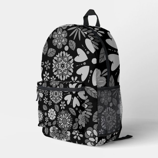 Black And Grey Retro Floral Art Seamless Pattern Printed Backpack (Back Corner Right)