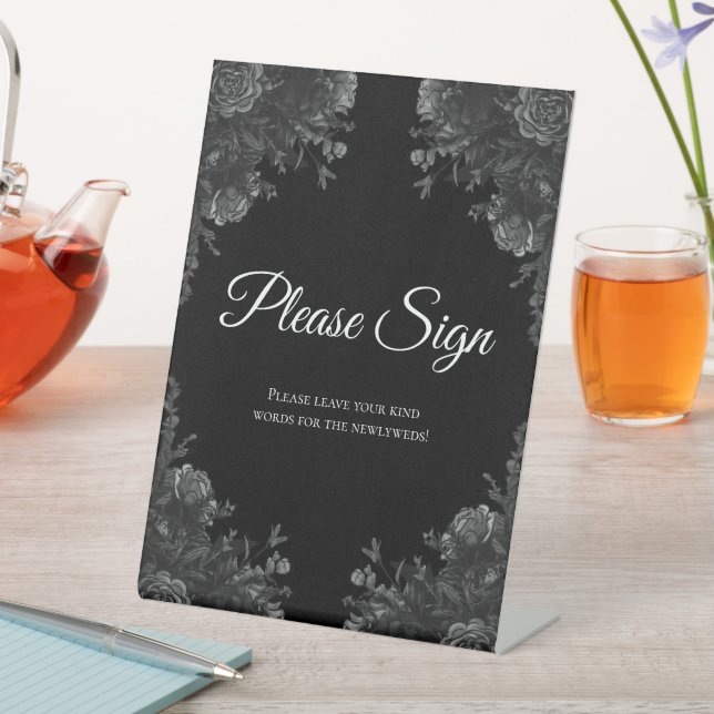 Black and Grey Rose Gothic Wedding Guest Book Sign (In SItu)