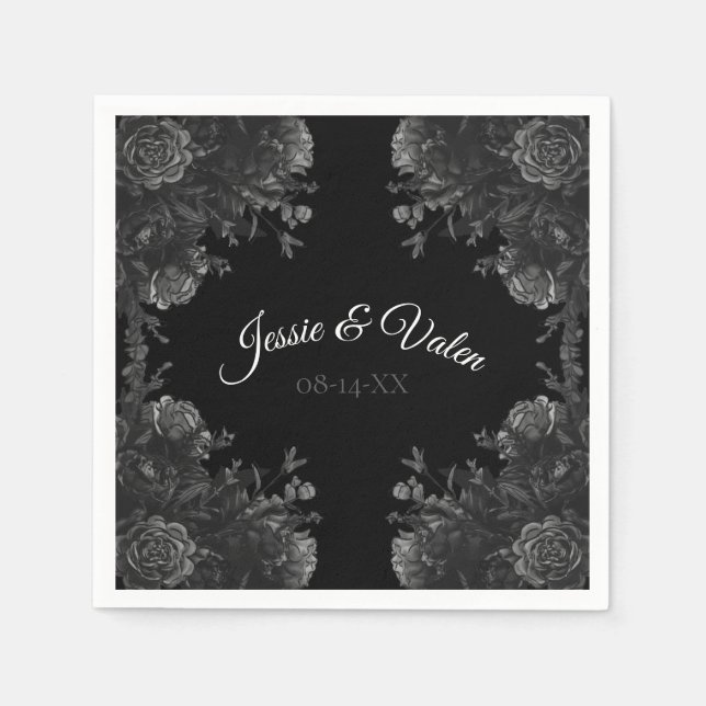 Black and Grey Roses Gothic Wedding Napkin (Front)