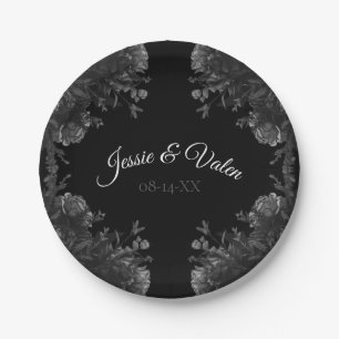 Black and Grey Roses Gothic Wedding Paper Plate