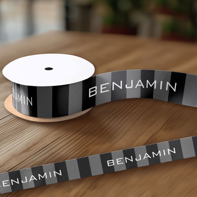 Black and Grey Rugby Stripes with Custom Name Satin Ribbon (Custom Ribbon - add your personalized text)