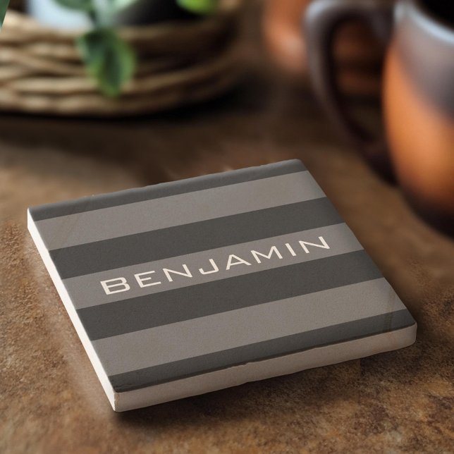 Black and Grey Rugby Stripes with Custom Name Stone Coaster (Custom Stone Coaster)