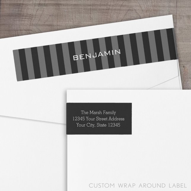 Black and Grey Rugby Stripes with Custom Name Wrap Around Label (Custom Return Address Label with a Wrap Around Feature)