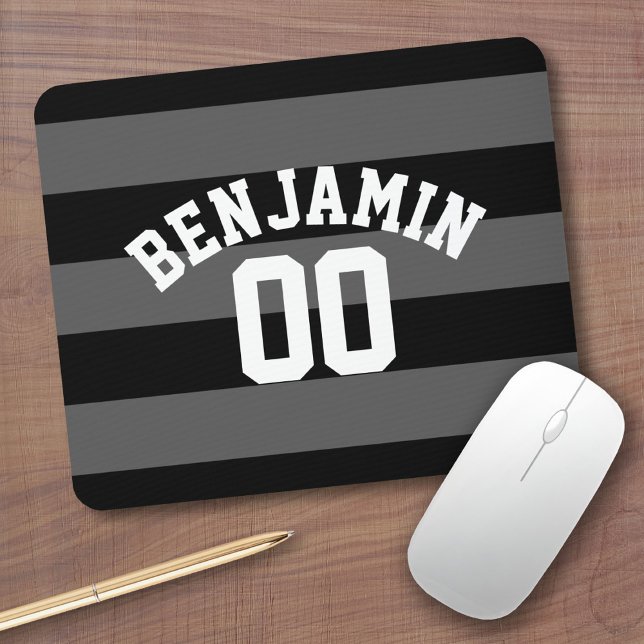 Black and Grey Silver Rugby Stripes Name Number Mouse Pad (Personalized Mousepad - Sports Jersey Theme with custom name)