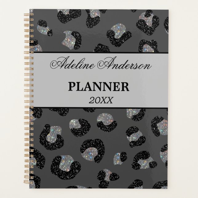 Black and Grey Sparkly Leopard Animal Skin Pattern Planner (Front)