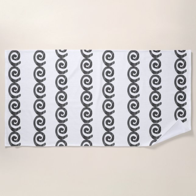 Black and grey spirals pattern on white beach towel (Front)