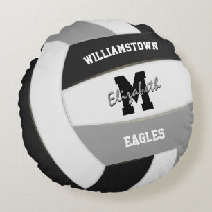 black and grey sports team colours volleyball round cushion