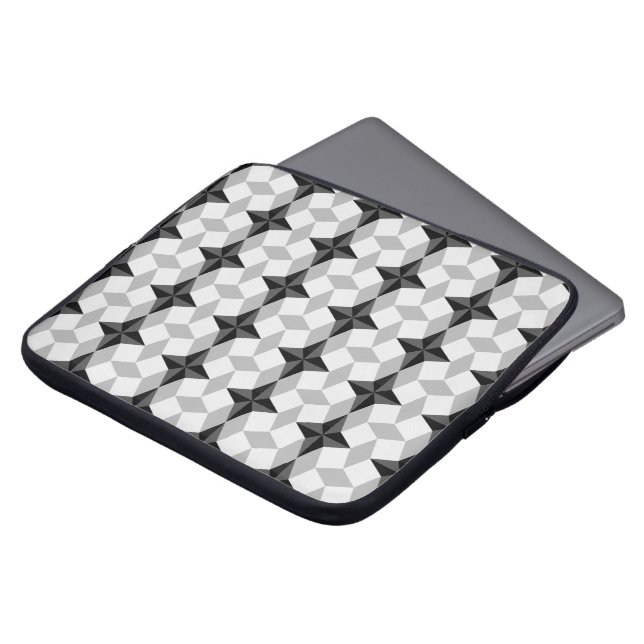 Black and Grey Starbust and Rhombus Pattern Laptop Sleeve (Front Top)