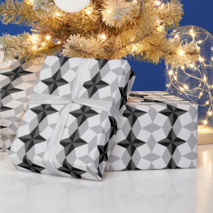 Black and Grey Starbust and Rhombus Pattern Wrapping Paper