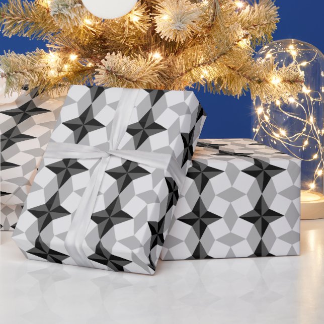 Black and Grey Starbust and Rhombus Pattern Wrapping Paper (Holidays)