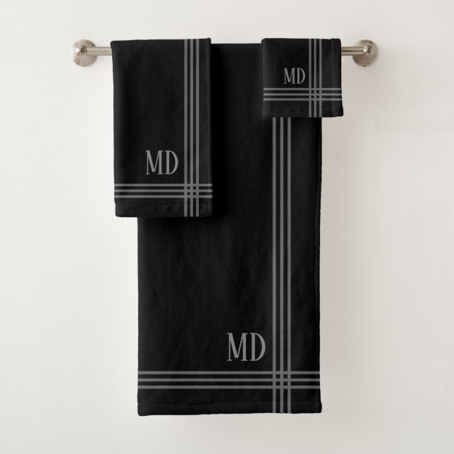 Black and Grey Striped Custom Initials Simple Bath Towel Set (Insitu)