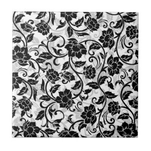 Black and Grey Swirling Flowers Ceramic Tile