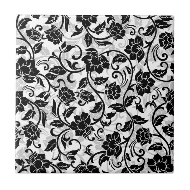 Black and Grey Swirling Flowers Ceramic Tile (Front)