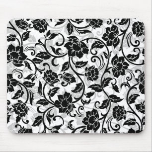 Black and Grey Swirling Flowers Mouse Pad