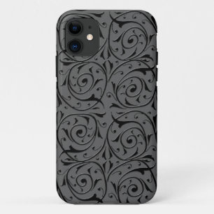 Black and Grey Swirling Vines Pattern iPhone 11 Case