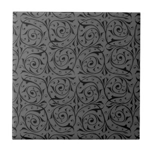 Black and Grey Swirling Vines Pattern Ceramic Tile